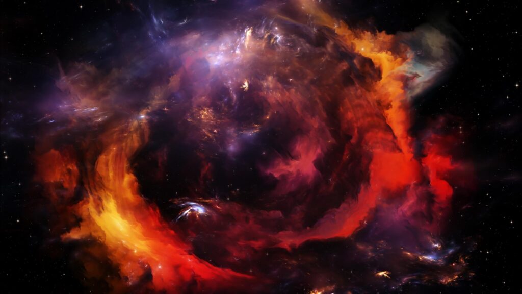 Abstract Cosmic Nebula Swirls in Vibrant Orange and Deep Purple 4K Desktop Wallpaper