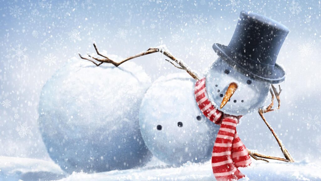 Cute Snowman with Top Hat in Snowfall Winter 4K Wallpaper