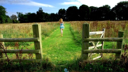 Woman Running Through a Sunny Meadow Field Desktop Wallpaper