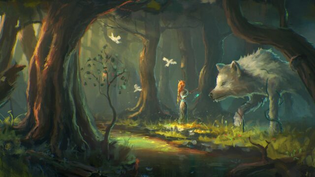Enchanted Forest Girl and Giant Spirit Wolf Fantasy Desktop Wallpaper