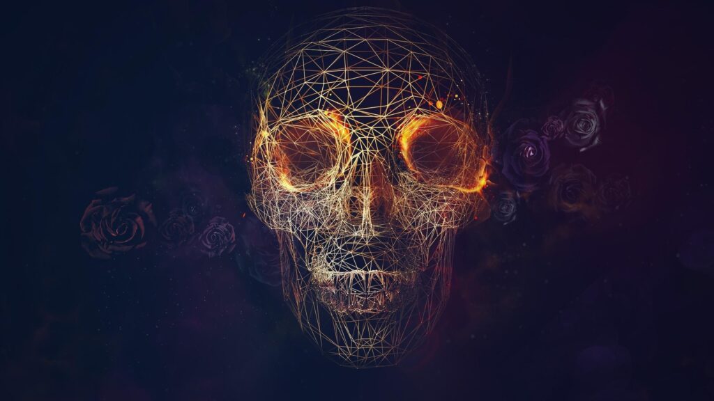 Fiery Geometric Skull with Dark Roses 4K Desktop Wallpaper