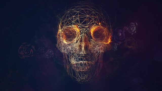 Fiery Geometric Skull with Dark Roses 4K Desktop Wallpaper