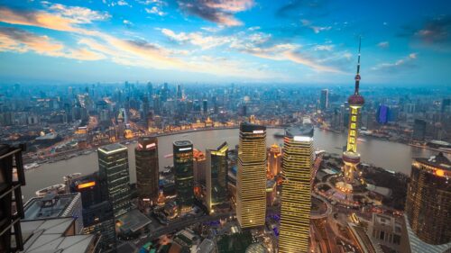 Stunning Shanghai Lujiazui Skyline Aerial View at Sunset 4K Wallpaper