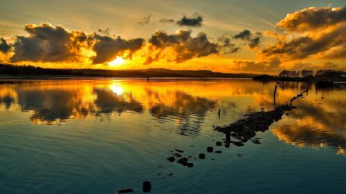 Stunning Golden Sunset Reflection over Calm Lake 4K Wallpaper