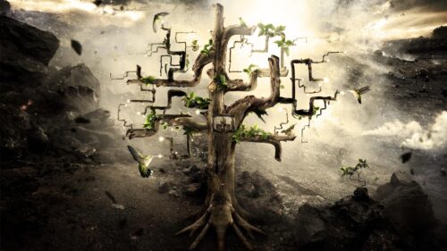 Surreal Geometric Tree with Hummingbirds in a Misty Landscape 4K Wallpaper