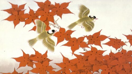 Elegant Traditional Japanese Style Birds Among Autumn Maple Leaves 4K Wallpaper