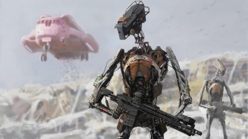 Futuristic War Robot Soldier in Post Apocalyptic Ruins PC Wallpaper