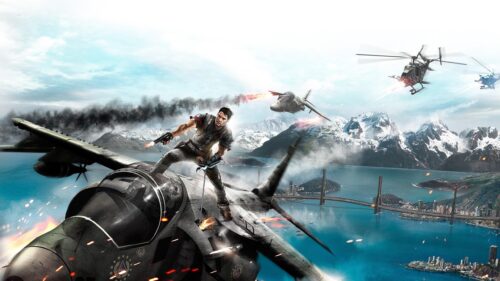 Rico Rodriguez Just Cause Action Combat Aerial Scene 4K Desktop Wallpaper