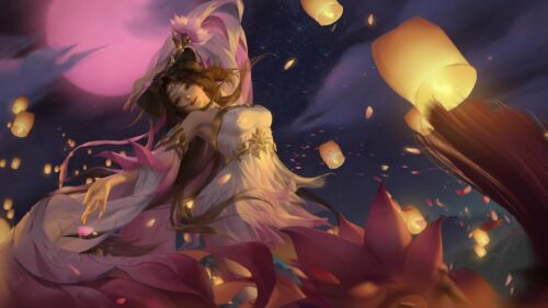 Beautiful Anime Girl Celebrating Lantern Festival with Lotus Flowers 4K Desktop Wallpaper