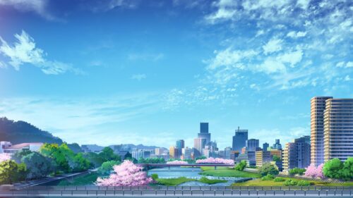 Beautiful Anime Cityscape with Cherry Blossoms and River 4K Desktop Wallpaper