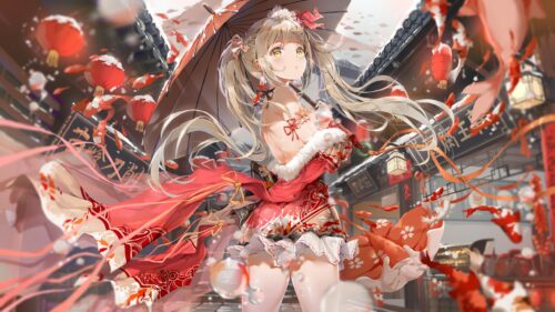 Beautiful Anime Girl with Red Umbrella and Winter Lanterns PC Wallpaper