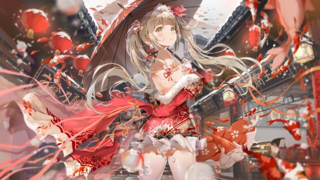 Beautiful Anime Girl with Red Umbrella and Winter Lanterns PC Wallpaper