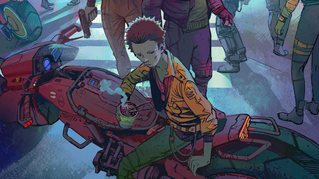 Akira Kaneda Eating Noodles on Red Motorcycle Cyberpunk Desktop Wallpaper