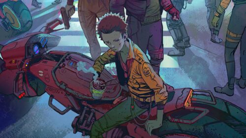 Akira Kaneda Eating Noodles on Red Motorcycle Cyberpunk Desktop Wallpaper