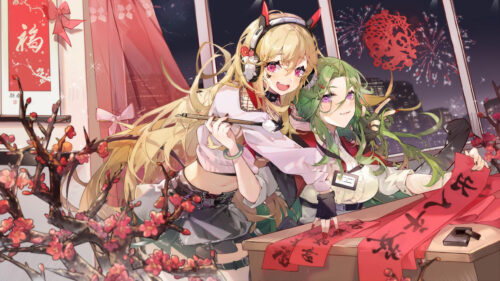 Anime Girls Celebrating Lunar New Year Calligraphy Art Desktop Wallpaper