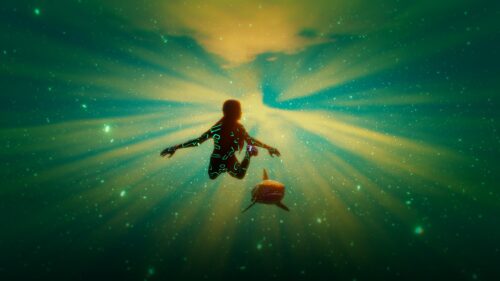 Futuristic Cyberpunk Diver and Shark Underwater Digital Art PC Wallpaper