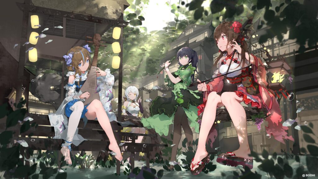 Anime Girls Playing Traditional Musical Instruments in a Serene Garden 4K Desktop Wallpaper