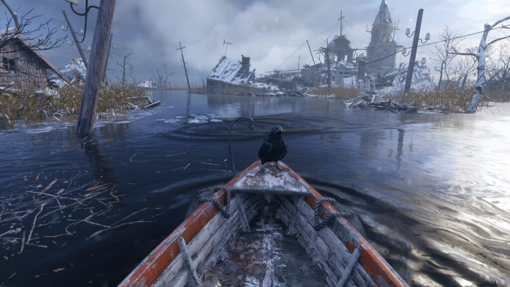 Post-Apocalyptic Swamp Boat Journey with Crow Desktop Wallpaper