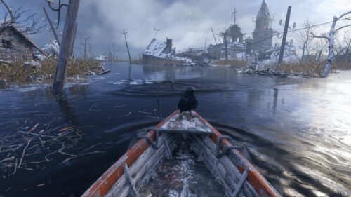 Post-Apocalyptic Swamp Boat Journey with Crow Desktop Wallpaper