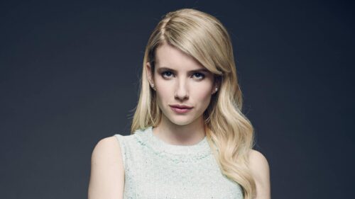 Emma Roberts Portrait in Elegant Light Blue Outfit Desktop Wallpaper