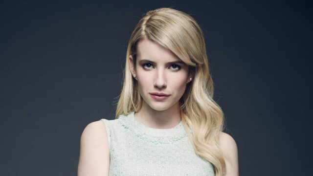 Emma Roberts Portrait in Elegant Light Blue Outfit Desktop Wallpaper