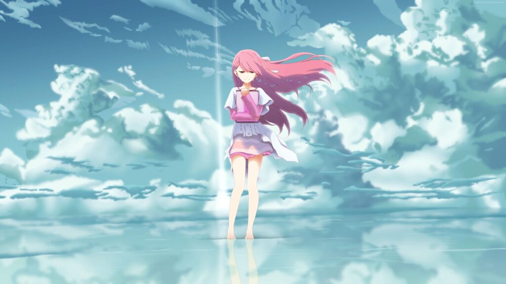 Anime Girl Standing on Reflective Water Under Ethereal Sky Desktop Wallpaper
