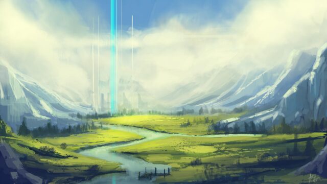 Stunning Sci-Fi Fantasy Landscape with Glowing Energy Beams 4K Desktop Wallpaper