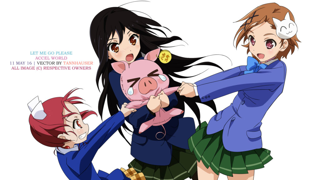 Anime Girls Pulling a Crying Piggy Bank Accel World Desktop Wallpaper