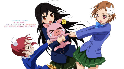 Anime Girls Pulling a Crying Piggy Bank Accel World Desktop Wallpaper