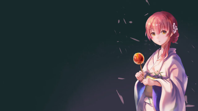 Anime Girl Wearing Kimono with Candy Apple 4K Desktop Wallpaper