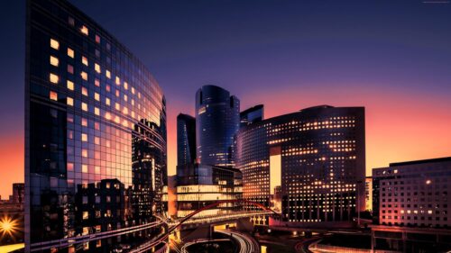 Modern Paris La Defense Skyscrapers Sunset Cityscape 4K Desktop Wallpaper