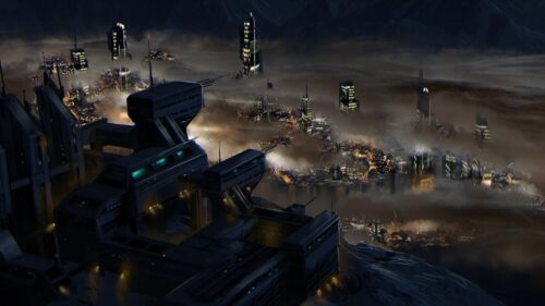 Futuristic Cyberpunk Mega City High Above the Clouds Desktop Wallpaper