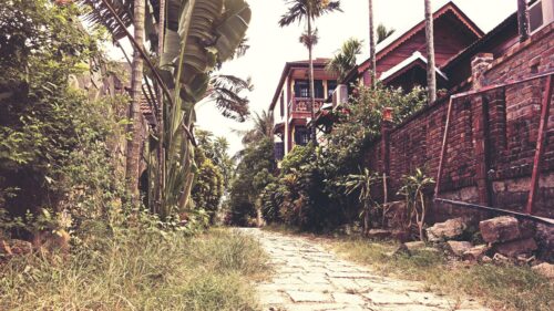 Rustic Stone Pathway Through Tropical Garden and Wooden Villa Desktop Wallpaper