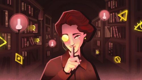 Mysterious Librarian with Glowing Symbols in Dark Library PC Wallpaper