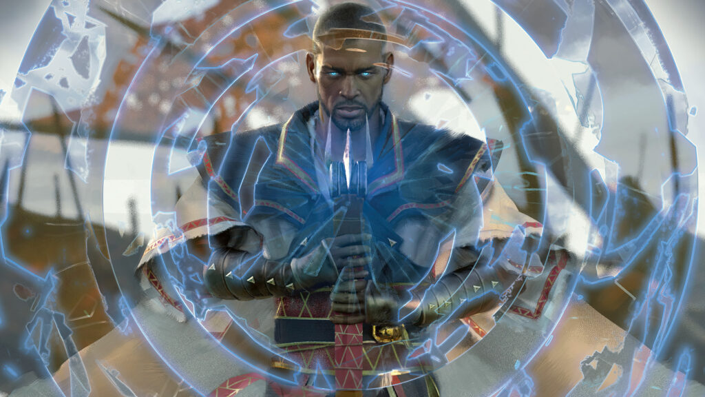 Epic Fantasy Warrior with Glowing Blue Energy Blade Desktop Wallpaper