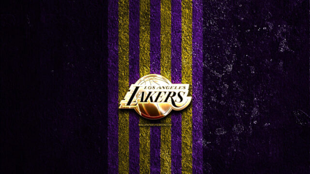 Los Angeles Lakers Golden Logo on Purple and Gold Textured Background 4K Wallpaper