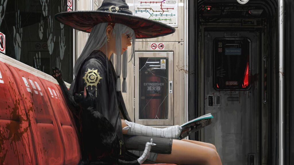 Anime Witch Reading on a Gritty Subway Train 4K Wallpaper