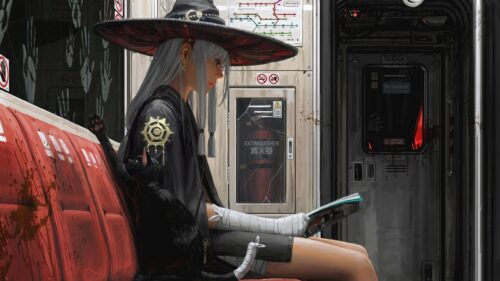 Anime Witch Reading on a Gritty Subway Train 4K Wallpaper