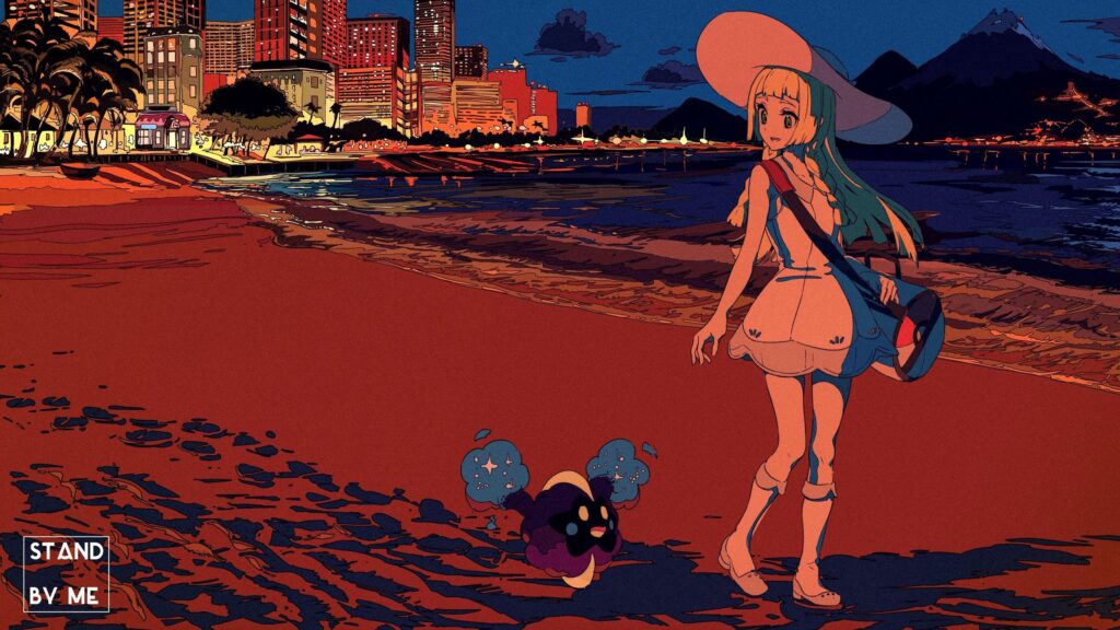 Lillie and Cosmog on Waikiki Beach Pokémon Sunset Anime Desktop Wallpaper