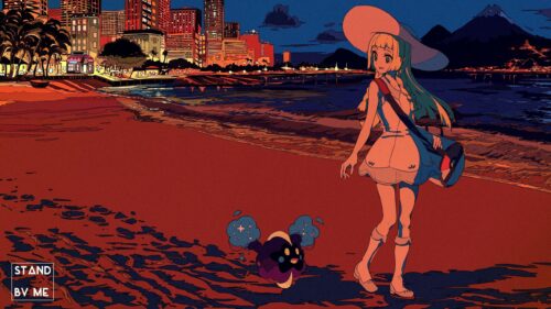 Lillie and Cosmog on Waikiki Beach Pokémon Sunset Anime Desktop Wallpaper