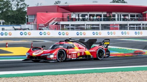Ferrari 499P Le Mans Hypercar Racing on Track Desktop Wallpaper