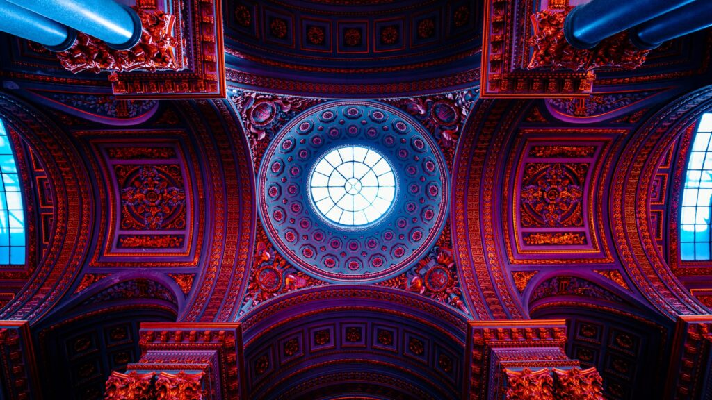 Stunning Architectural Dome Ceiling with Neon Red and Blue Lighting 4K Wallpaper