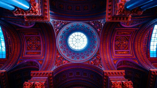 Stunning Architectural Dome Ceiling with Neon Red and Blue Lighting 4K Wallpaper