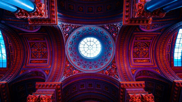 Stunning Architectural Dome Ceiling with Neon Red and Blue Lighting 4K Wallpaper