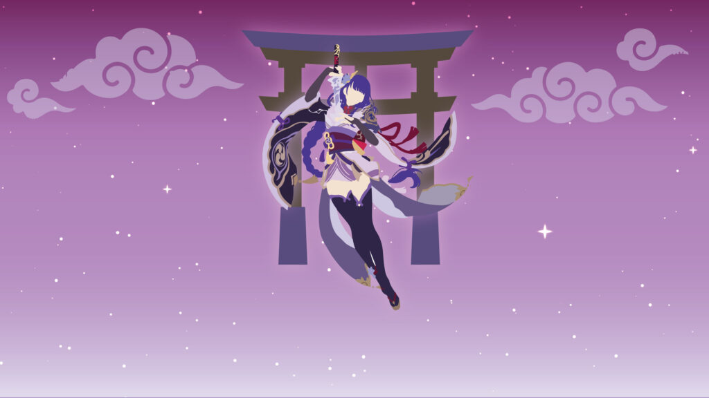Minimalist Raiden Shogun Genshin Impact Torii Gate Purple Aesthetic 4K Wallpaper
