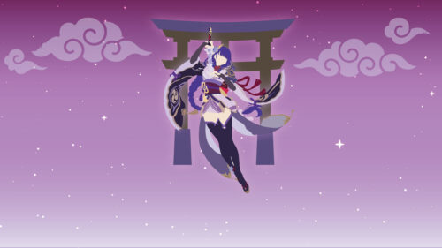 Minimalist Raiden Shogun Genshin Impact Torii Gate Purple Aesthetic 4K Wallpaper