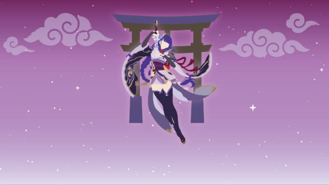 Minimalist Raiden Shogun Genshin Impact Torii Gate Purple Aesthetic 4K Wallpaper