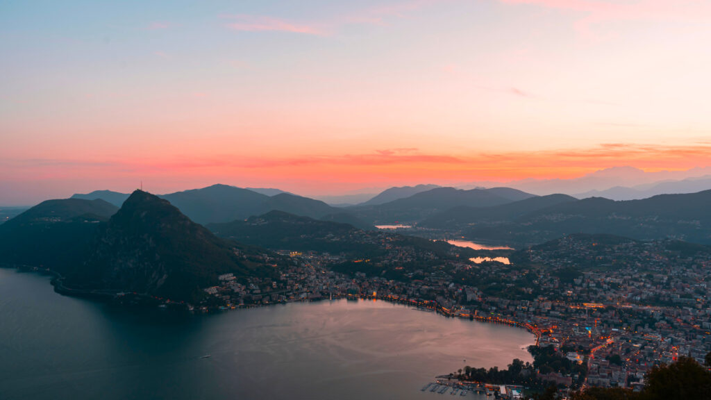Stunning Panoramic Sunset Over Lake Lugano and Swiss Alps PC Wallpaper