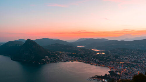 Stunning Panoramic Sunset Over Lake Lugano and Swiss Alps PC Wallpaper