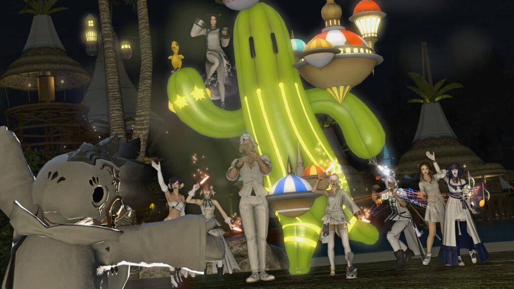 Group of Friends Celebrating in Final Fantasy XIV World 4K Desktop Wallpaper
